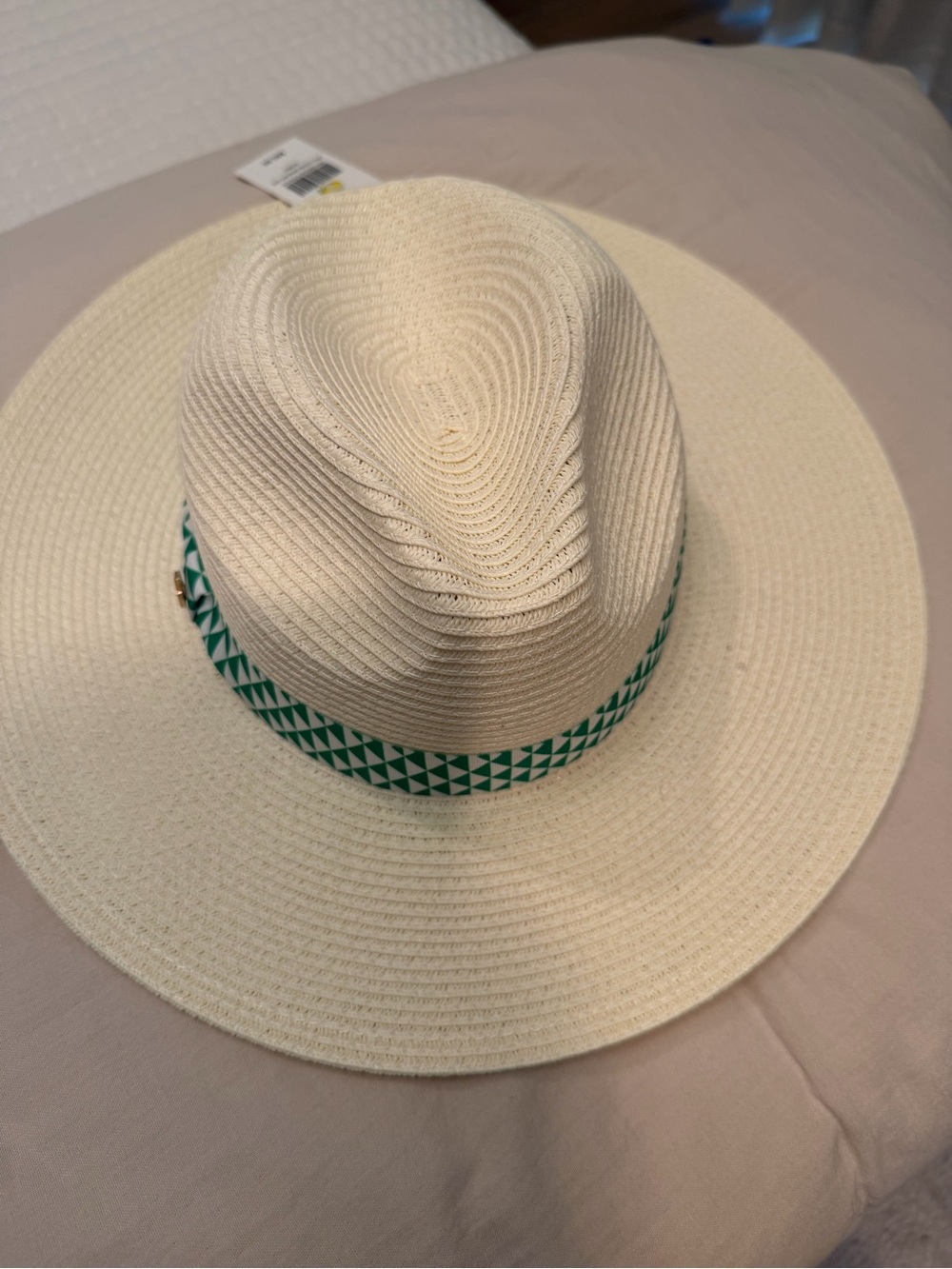 Wide Brim Straw Sun Hat with Green Geometric Band - Women Accessories